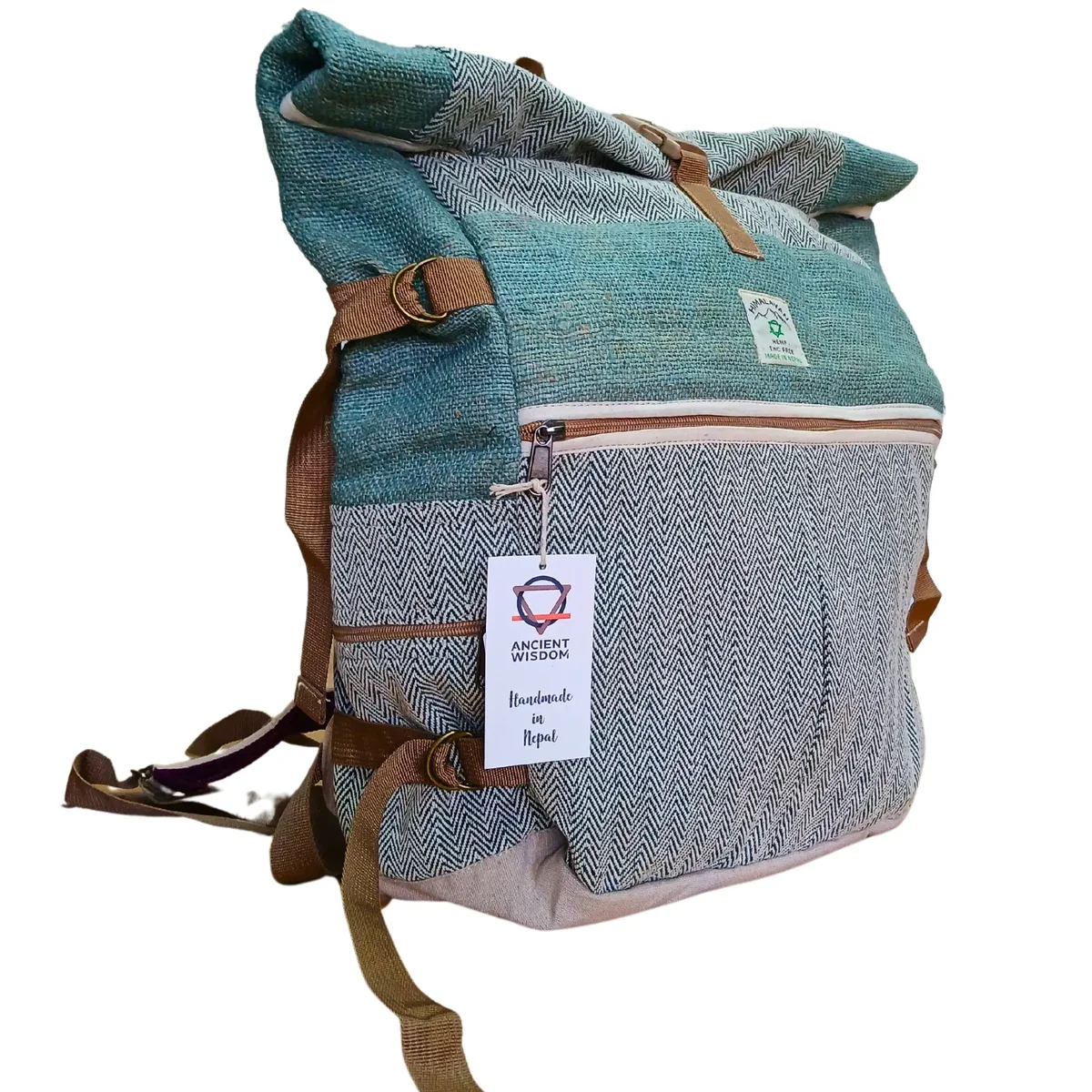 Sage green rolling trekking backpack made from hemp with wheels and telescopic handle for easy transport