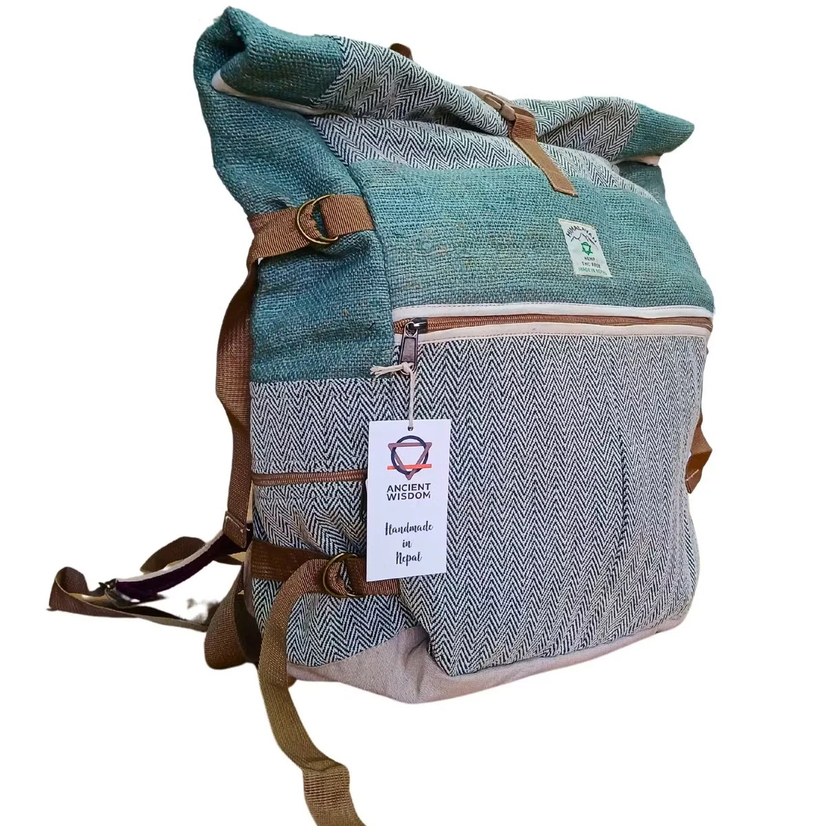 Sage hemp travel backpack with wheels and telescopic handle for trekking and rolling convenience