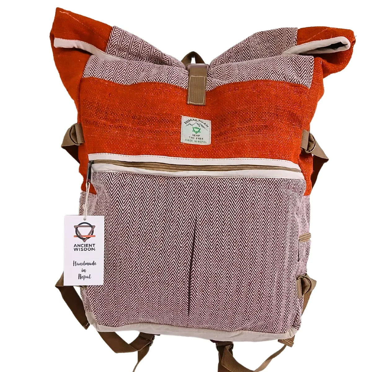 Sunset orange rolling trekking backpack made from hemp with wheels and extendable handle for easy transport
