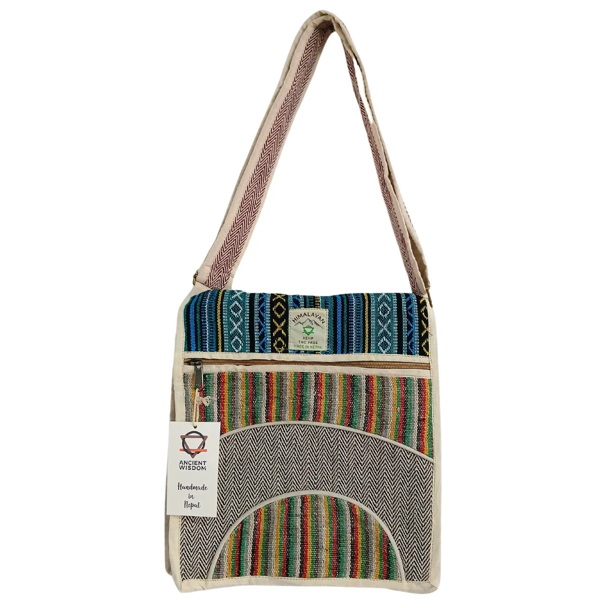 Curves design hemp laptop messenger bag shown closed with adjustable shoulder strap on white background