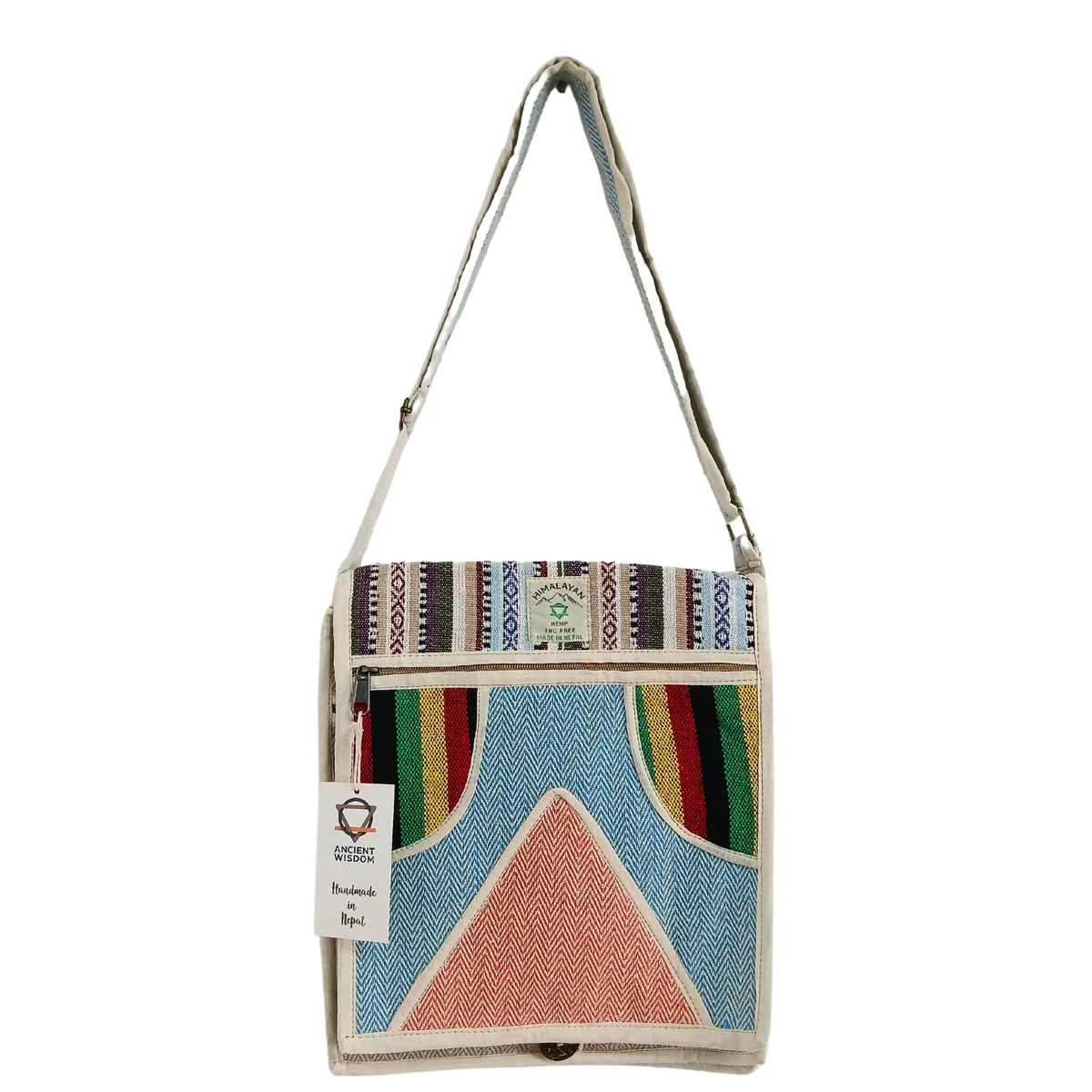 Eco friendly messenger bag made from hemp with a triangle design, shown from the side with adjustable strap