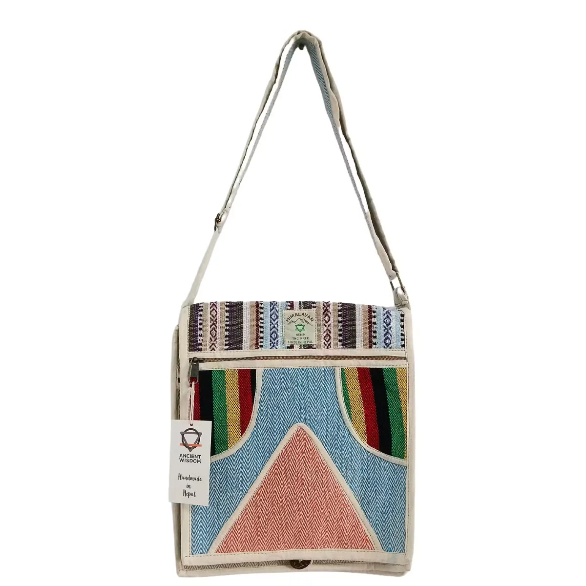 Hemp laptop messenger bag featuring a triangle design bag with adjustable shoulder strap on plain background