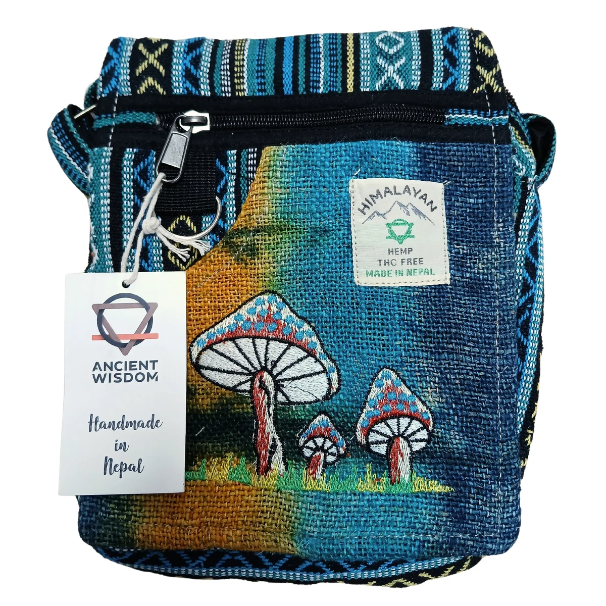Green mushroom handbag made of hemp with embroidered green mushrooms on the surface, shown against a white background