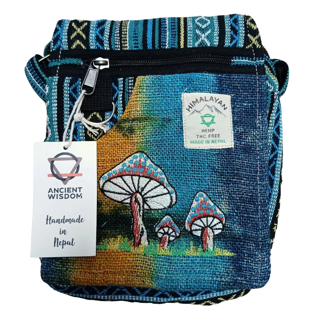 Green hemp fabric bag with embroidered green mushrooms, designed as a party bag