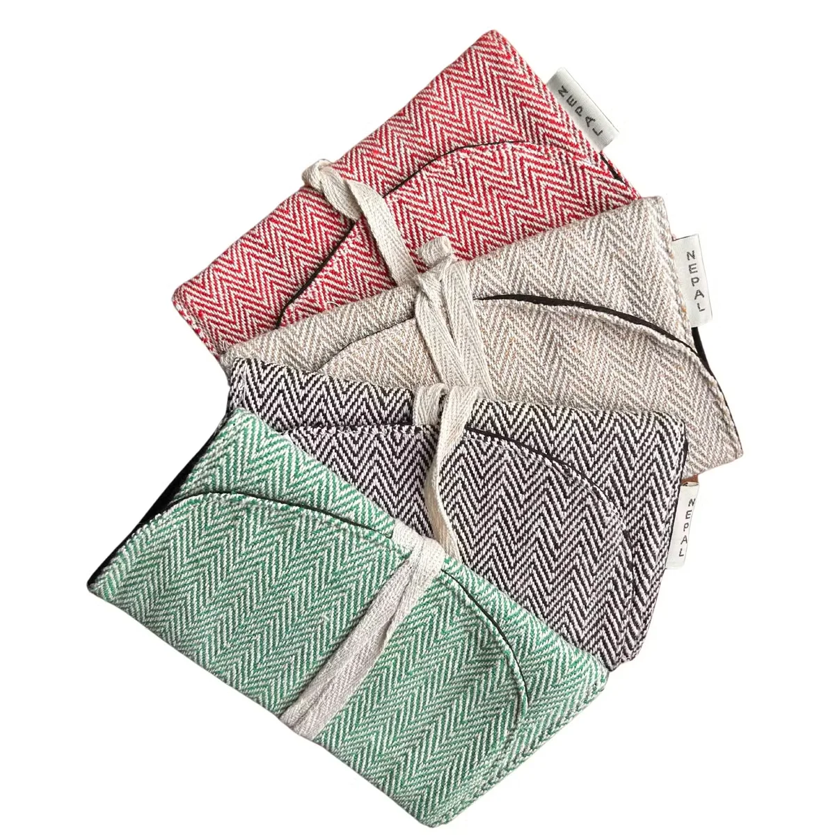 Assorted wrap pouch made from hemp, suitable for phone, tobacco, or other small items, shown folded flat
