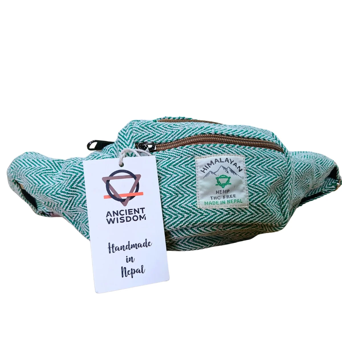 Sage cotton hemp belt bag with adjustable strap and zippered main compartment on plain background