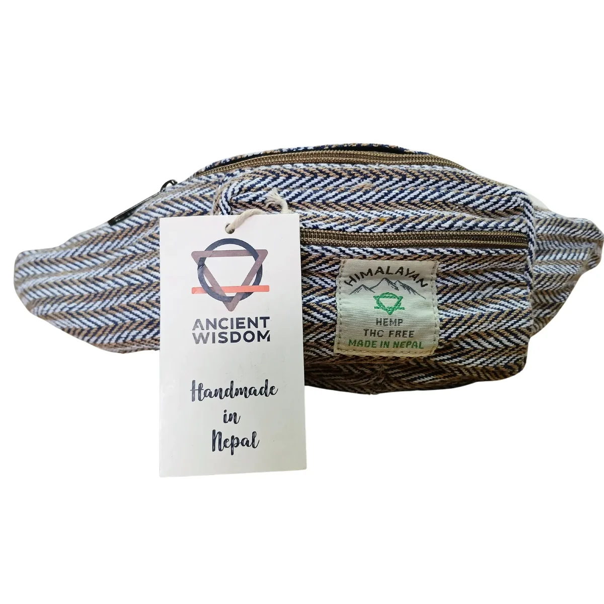 Blue belt bag made from cotton hemp with adjustable strap and zippered main compartment, styled for waist or crossbody wear