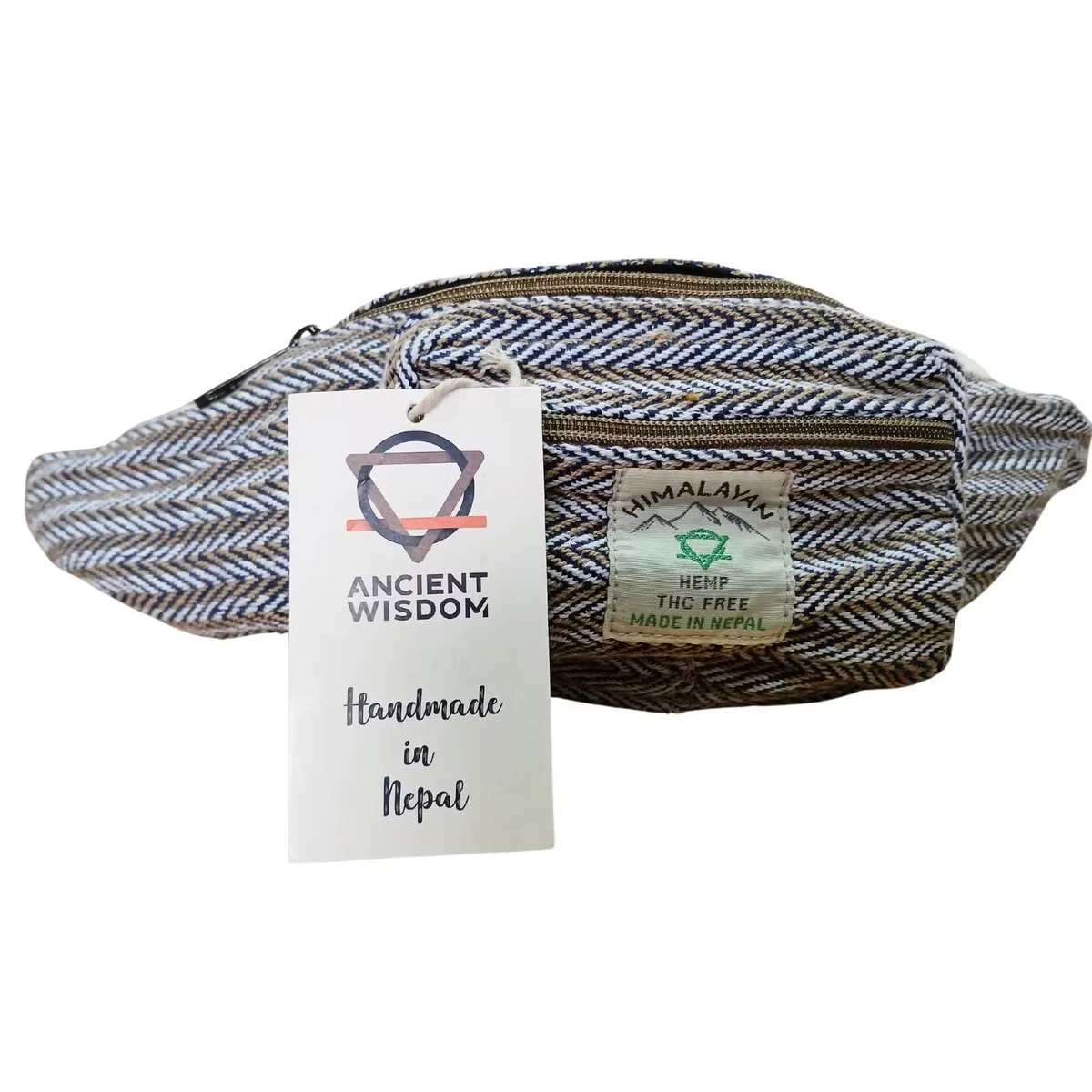 Blue cotton hemp stylish belt bag shown flat with adjustable strap and zippered main compartment