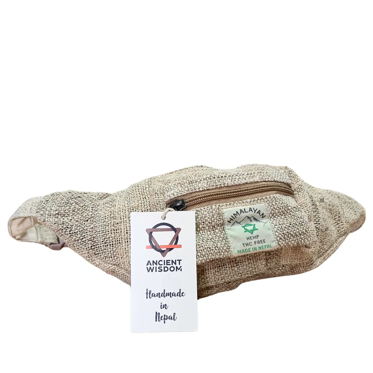 Compact extra pure hemp bag designed as a bum/fanny pack with adjustable strap and zippered compartments