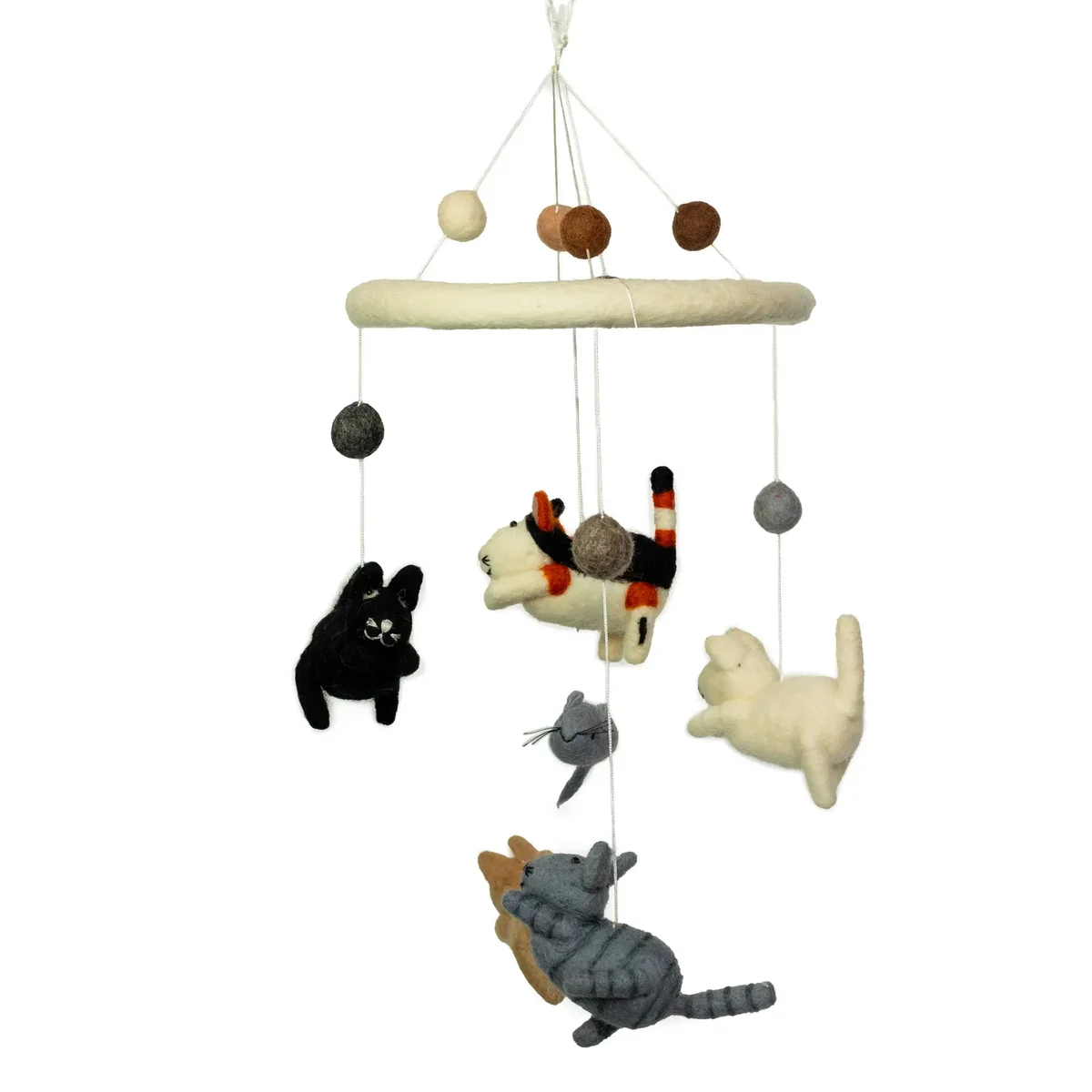 Handmade felt cat mobile featuring a cat and mice hanging from strings in soft colors