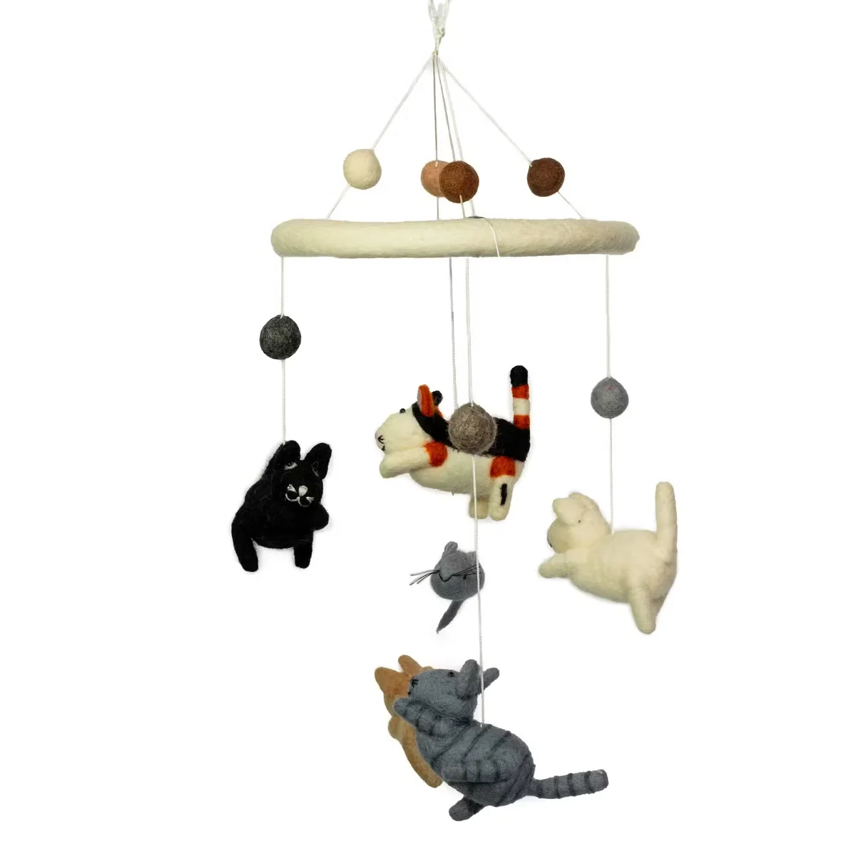 Handmade felt mobile featuring a cat and mice, designed as charming handmade nursery decor hanging in a nursery room