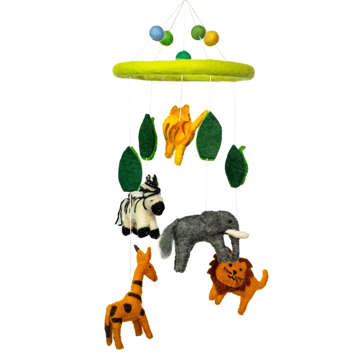 Handmade felt mobile featuring safari animals hanging from a circular frame for nursery decoration