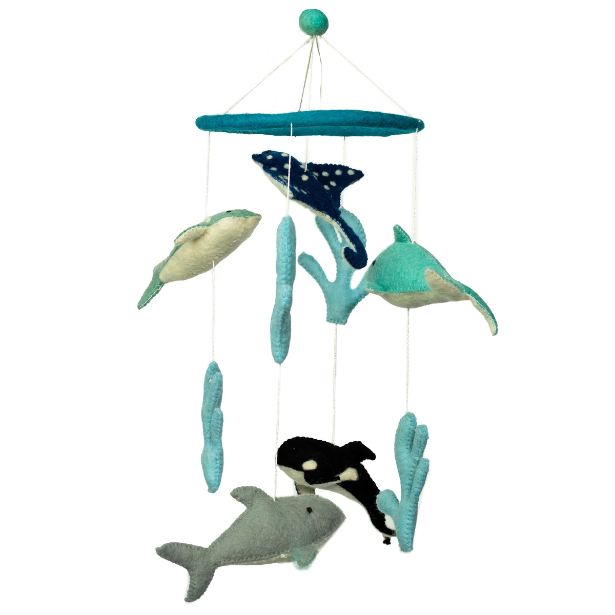 Handmade felt sealife nursery mobile featuring dolphins and other sea creatures hanging on strings