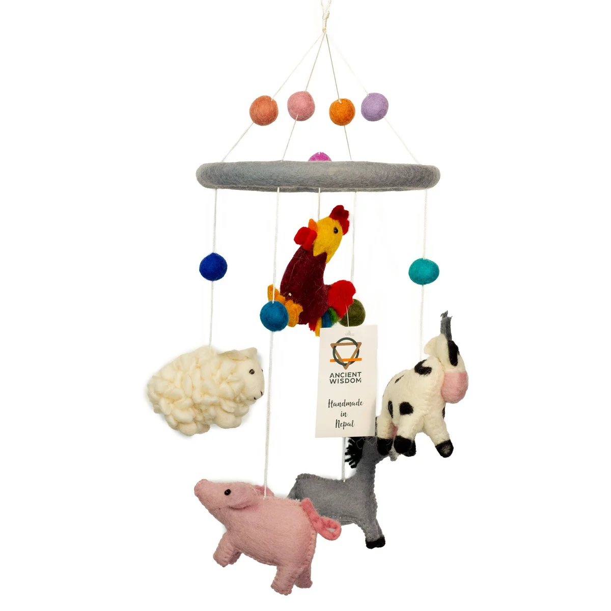 Handmade felt mobile featuring colorful farm animals hanging from strings against a white background