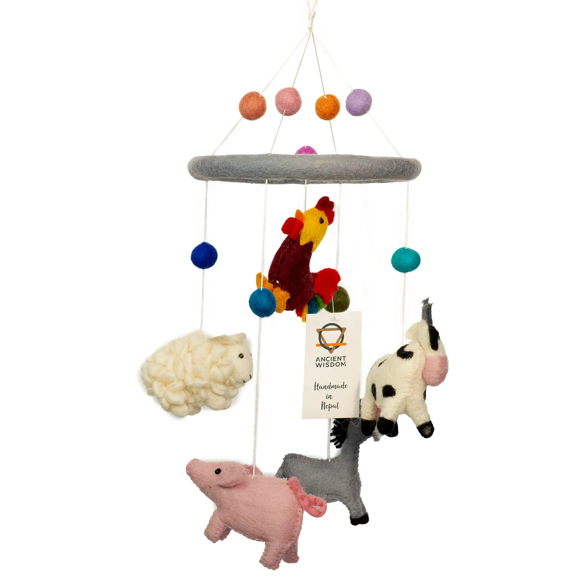 Handmade felt baby mobile featuring colorful farm animal shapes hanging from strings against a white background