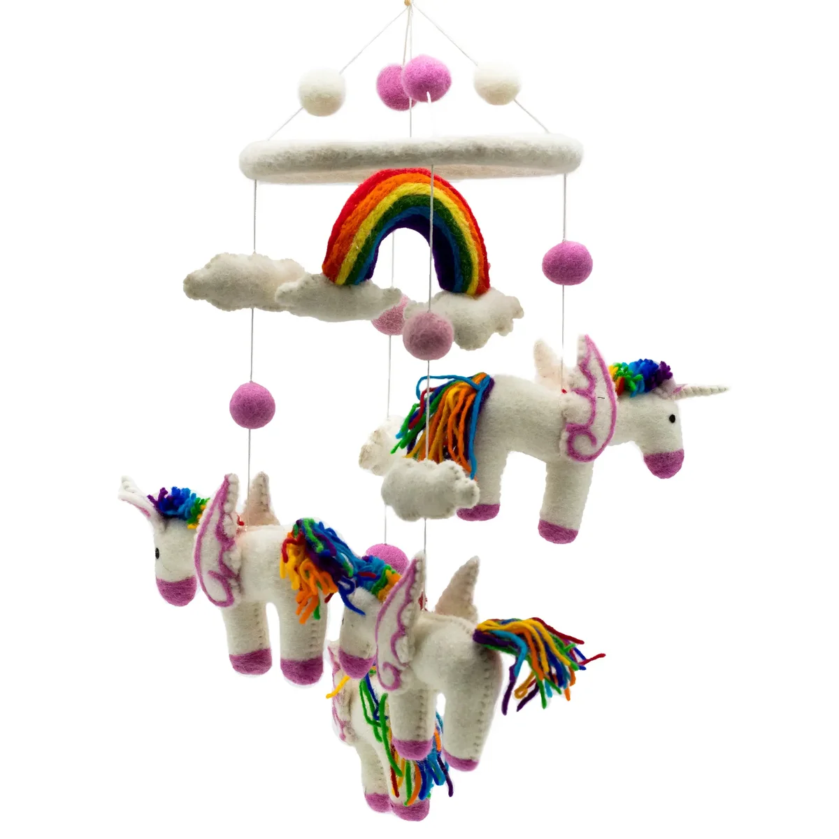 Handmade felt mobile featuring colorful rainbow unicorns hanging from strings against a plain background