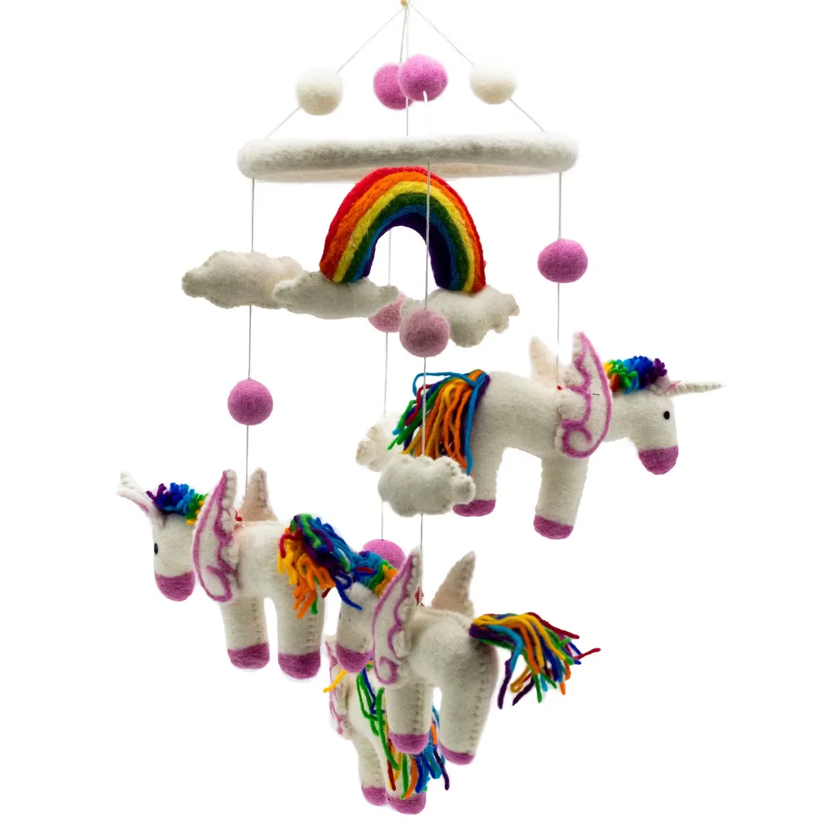 Handmade felt mobile featuring rainbow unicorns hanging, ideal nursery room decor for a child's space