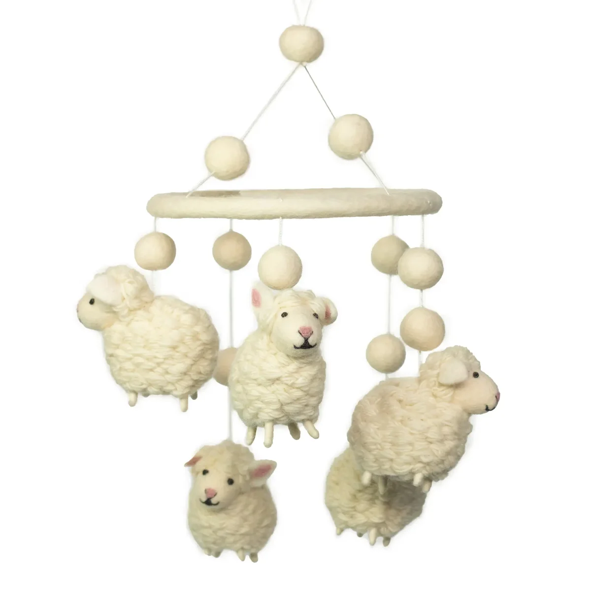 Handmade white sheep mobile made of felt, featuring soft white sheep hanging from strings for nursery decor