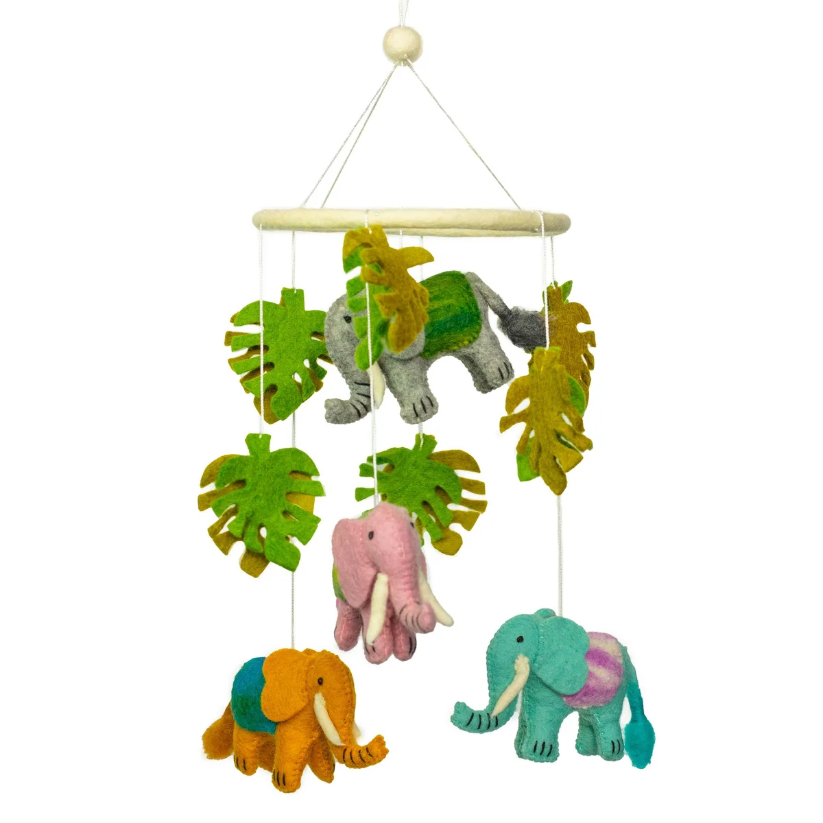 Handmade felt mobile featuring soft elephant shapes hanging from strings for nursery decoration