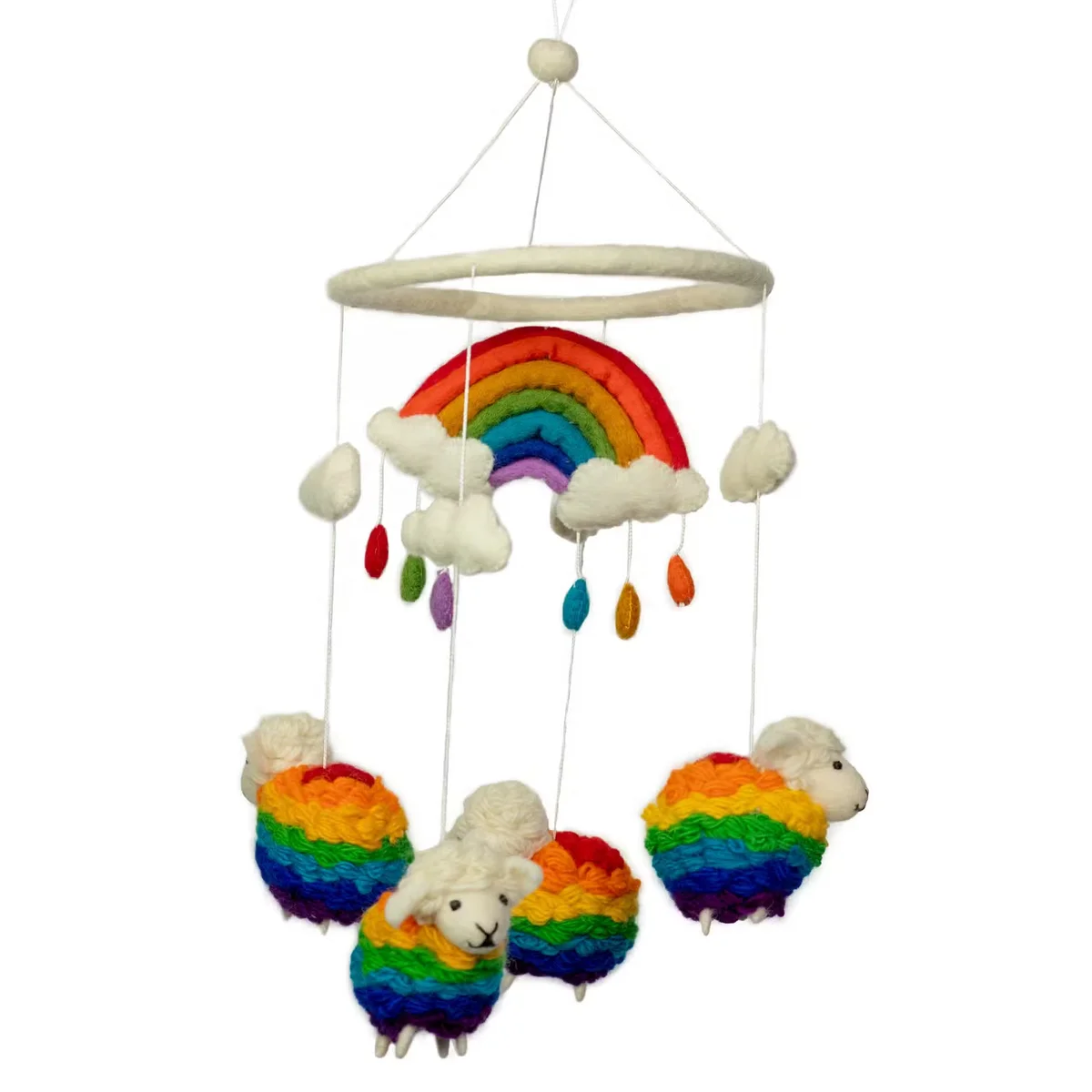Handmade nursery mobile featuring colorful felt rainbow sheep hanging from strings in a nursery setting