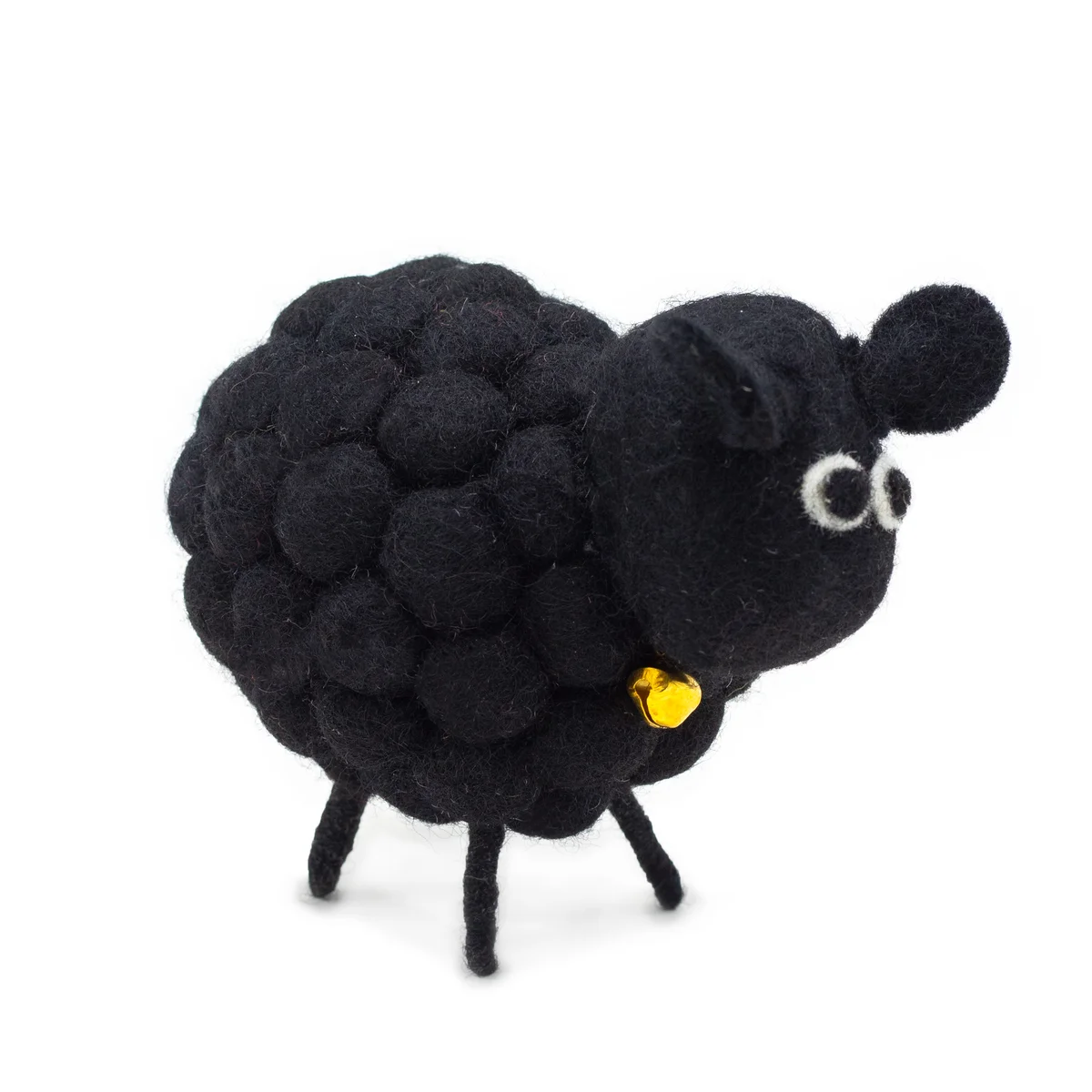Small black felt figurine shaped like a sheep, handcrafted with soft felt material, displayed on a white background