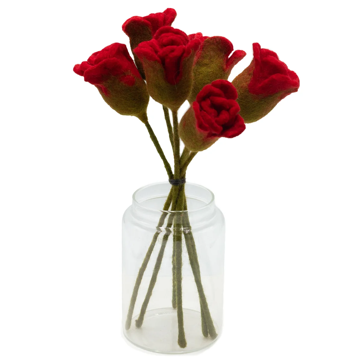Close-up of red rose decor made from soft felt flowers arranged in a bouquet style
