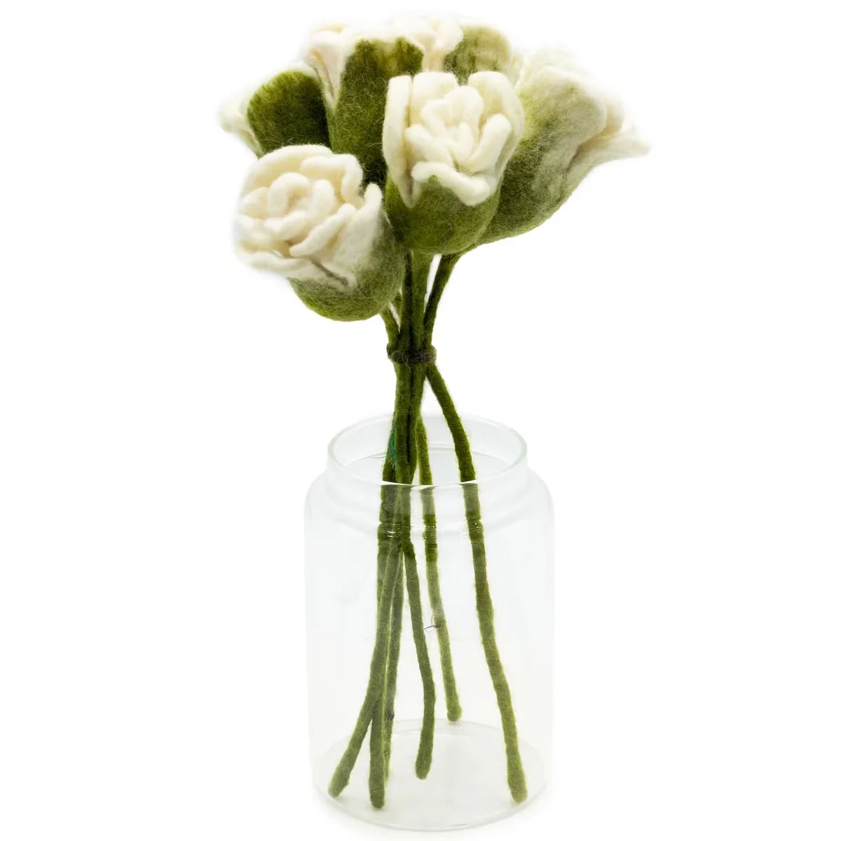 Cluster of white artificial felt flowers shaped like roses on a plain background, showing detailed petals and leaves