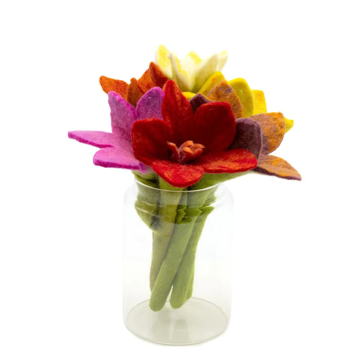 Assorted coloured decorative felt flowers shaped like lilies arranged on a white background