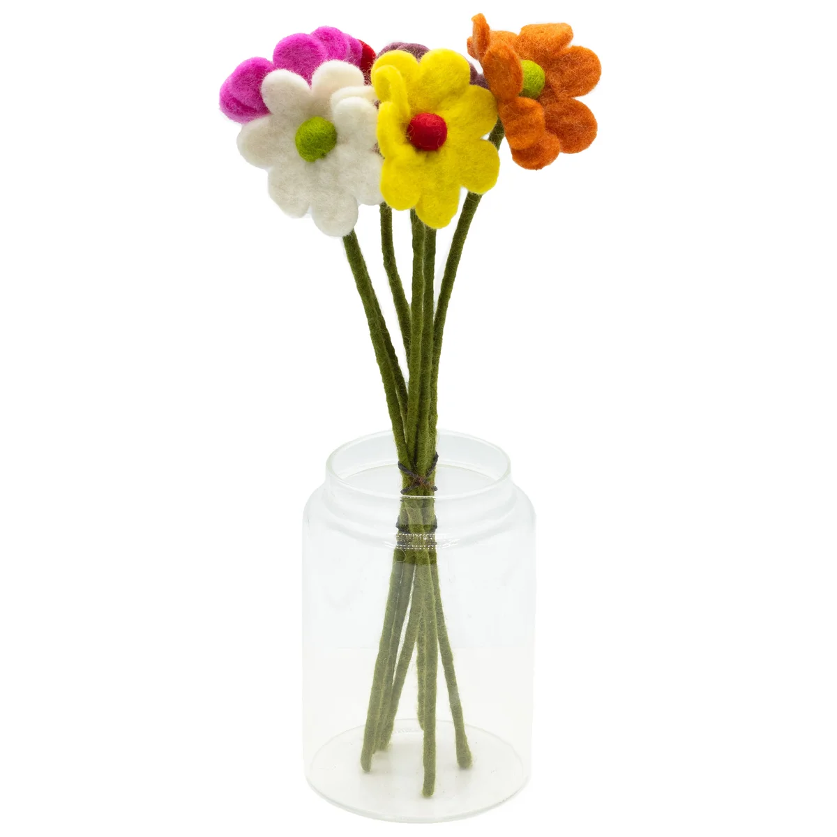 Assorted colourful decorative felt daisies arranged closely on a white background