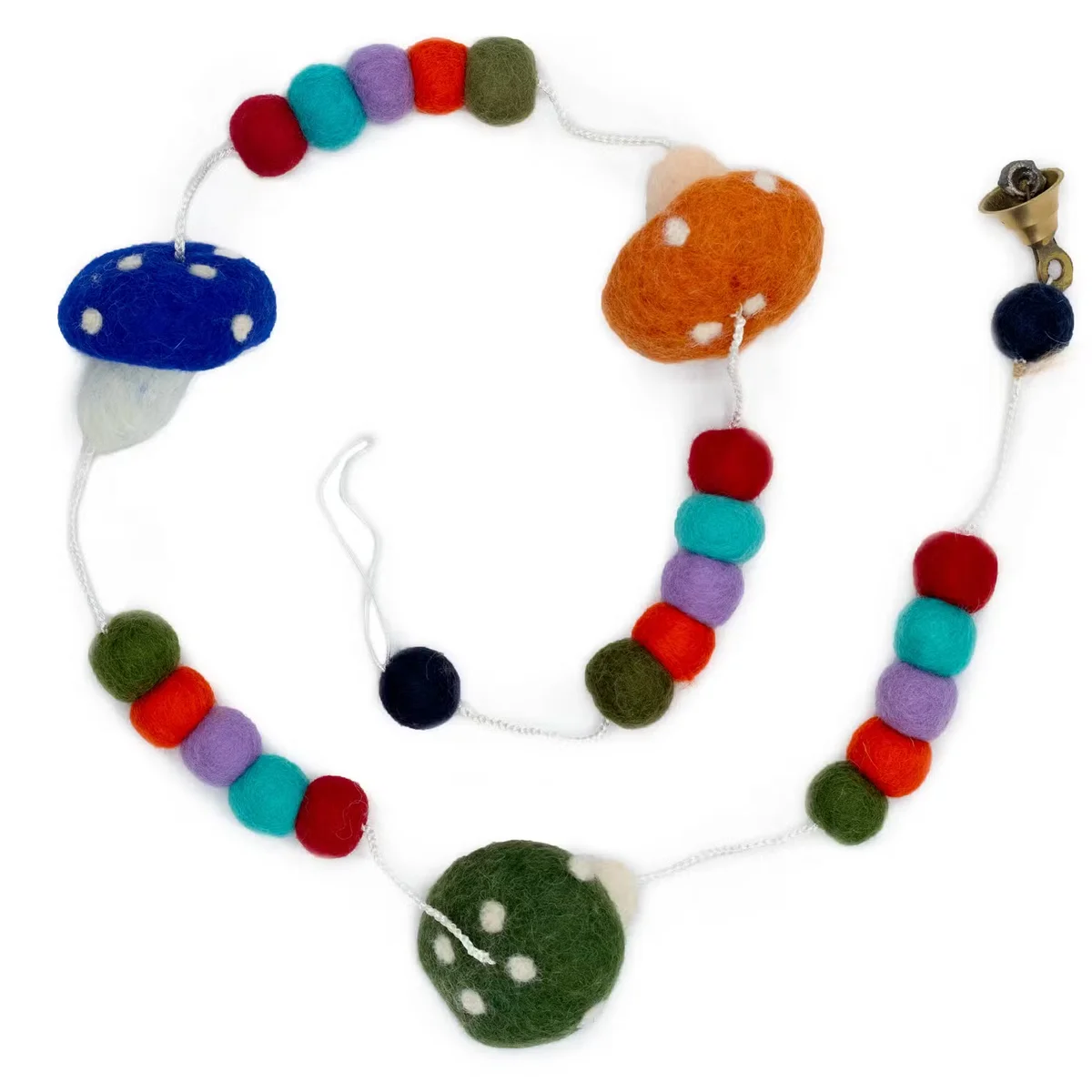 Felt mushroom wall hanging in random colours, showing various shapes and vibrant random colour wall hanging design