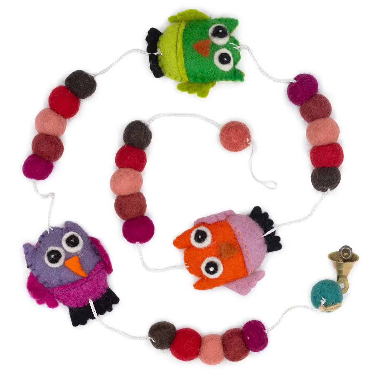 Colourful felt wall art featuring owl designs in random colours, displayed as a hanging decoration