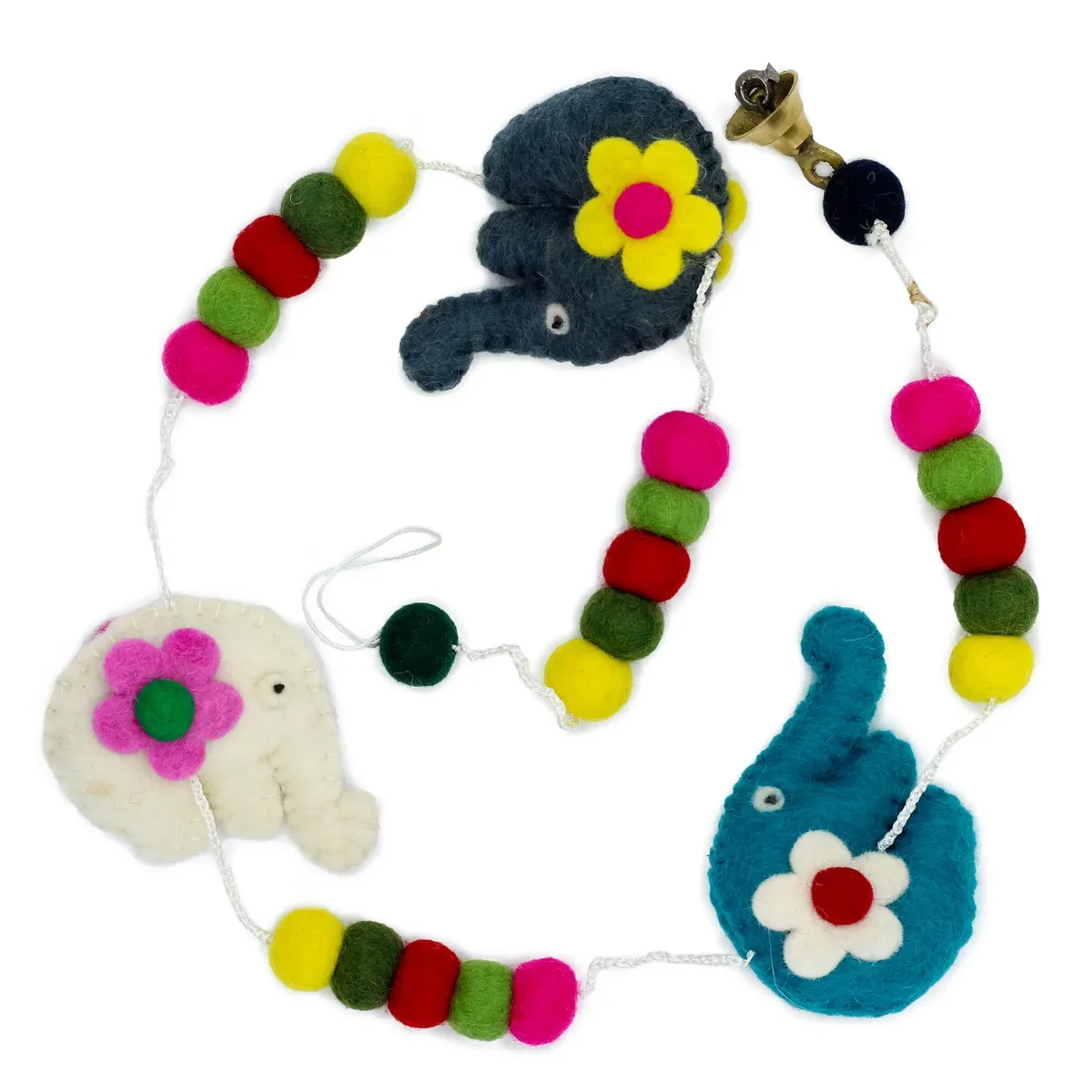 Colourful felt elephant wall decor hanging with multiple elephant shapes in random colours on a string
