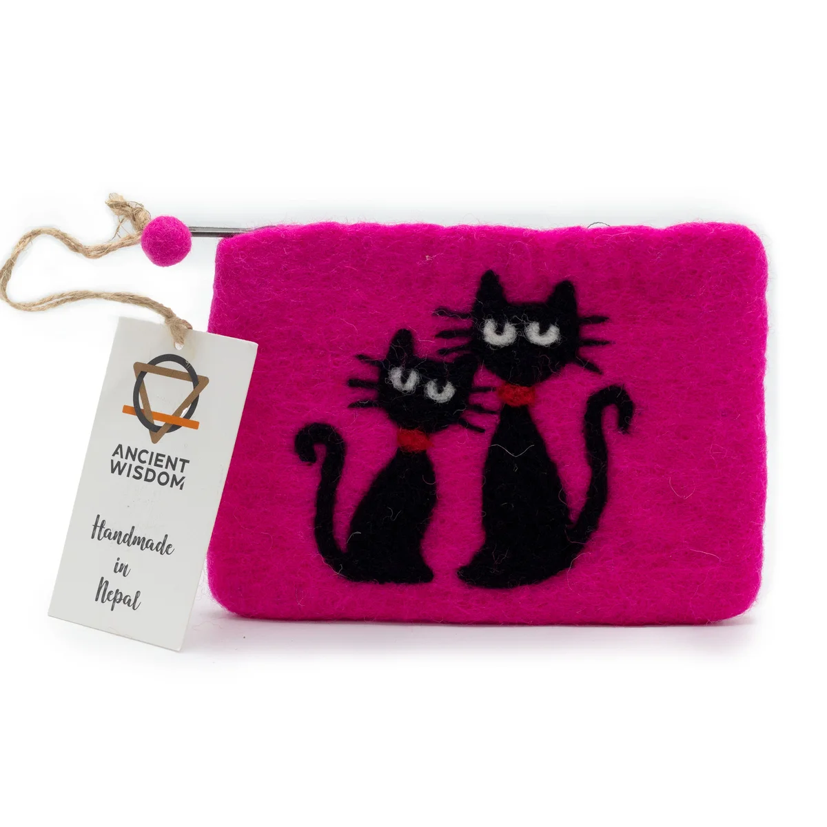 Natural felt zipper pouch featuring a cat design pouch with two cats illustration on front