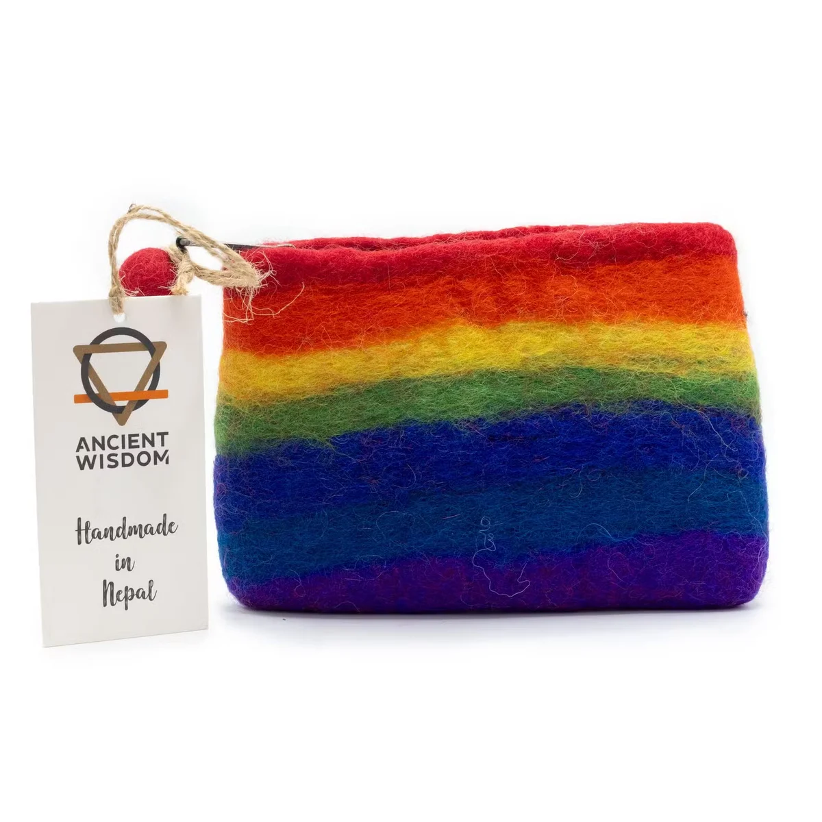 Rainbow-colored natural felt pouch with zipper, showcasing vibrant hues in a soft textured fabric design