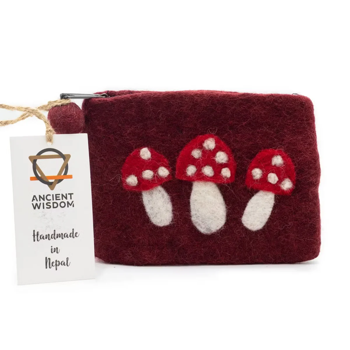 Natural felt zipper pouch wild mushrooms design with a zipper closure, showcasing mushroom illustrations on fabric
