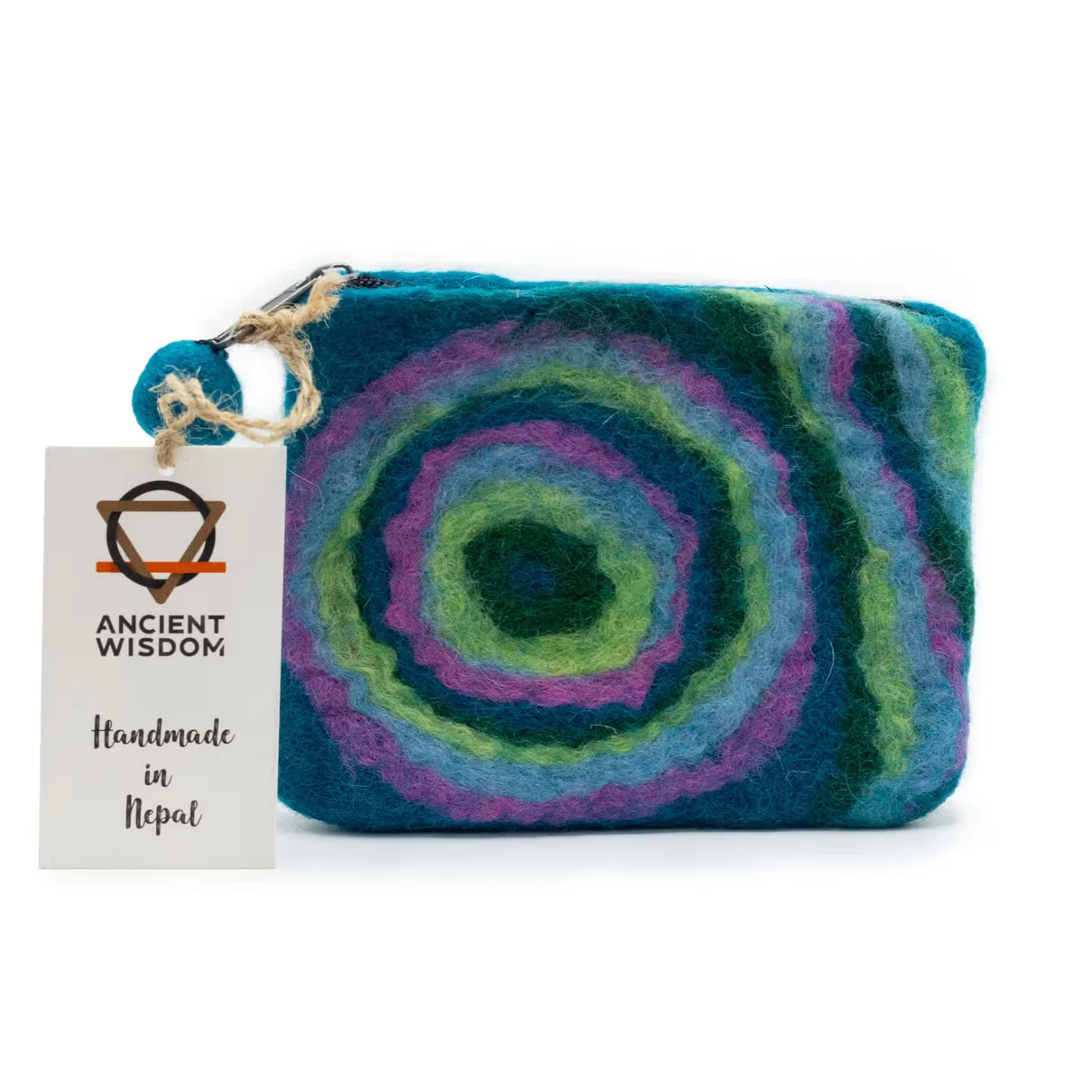 Natural felt psychedelic design zipper pouch for storage with a secure zipper closure on a white background