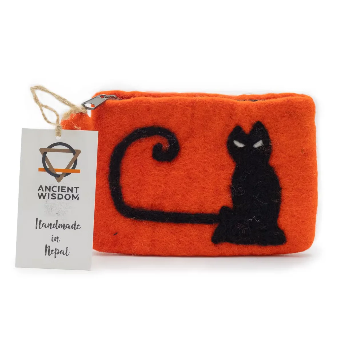 Natural felt zipper pouch bag with a cat face design, featuring a zipper closure and soft texture