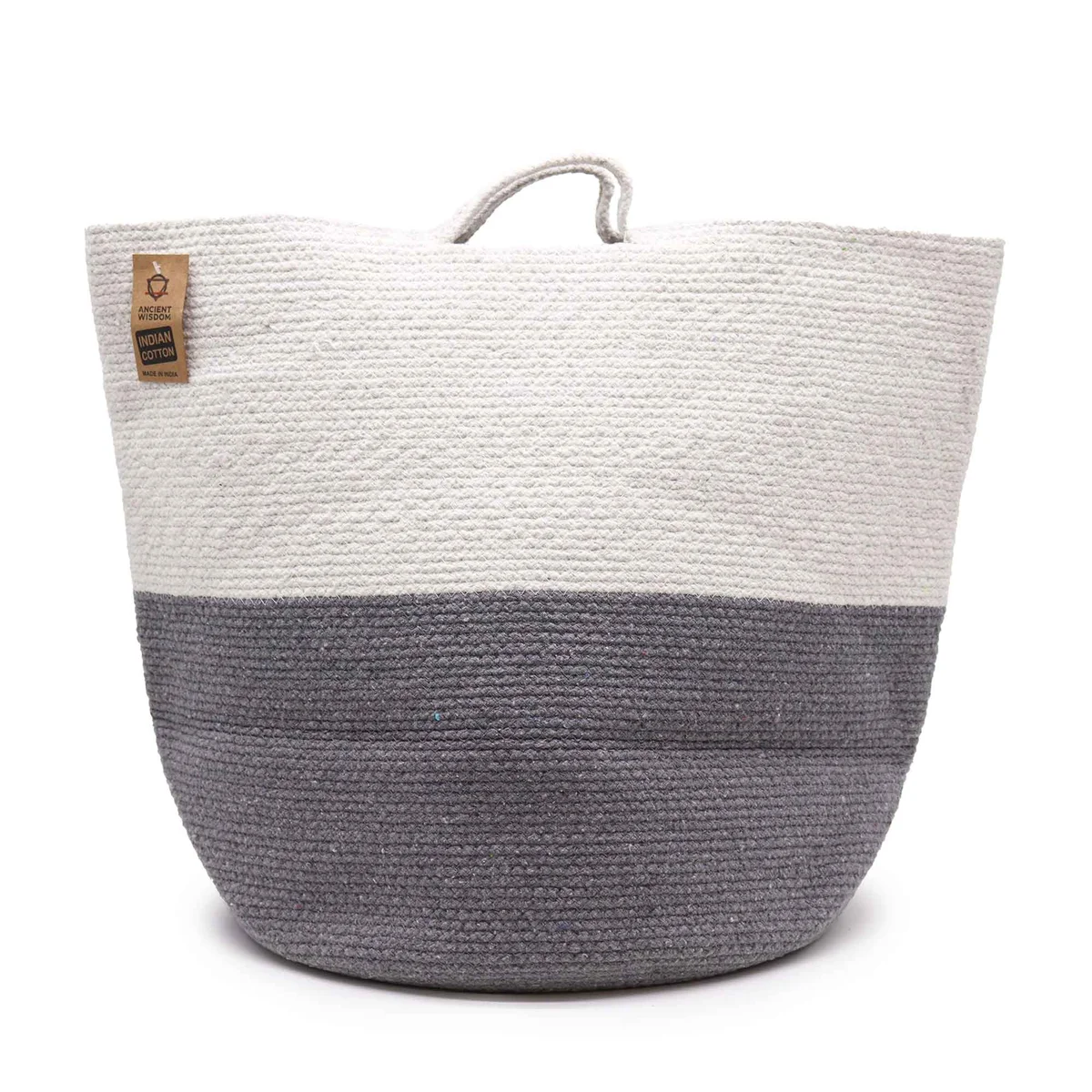 Large grey laundry basket made of cotton rope with handles, measuring 45x40cm, ideal for storage and laundry use