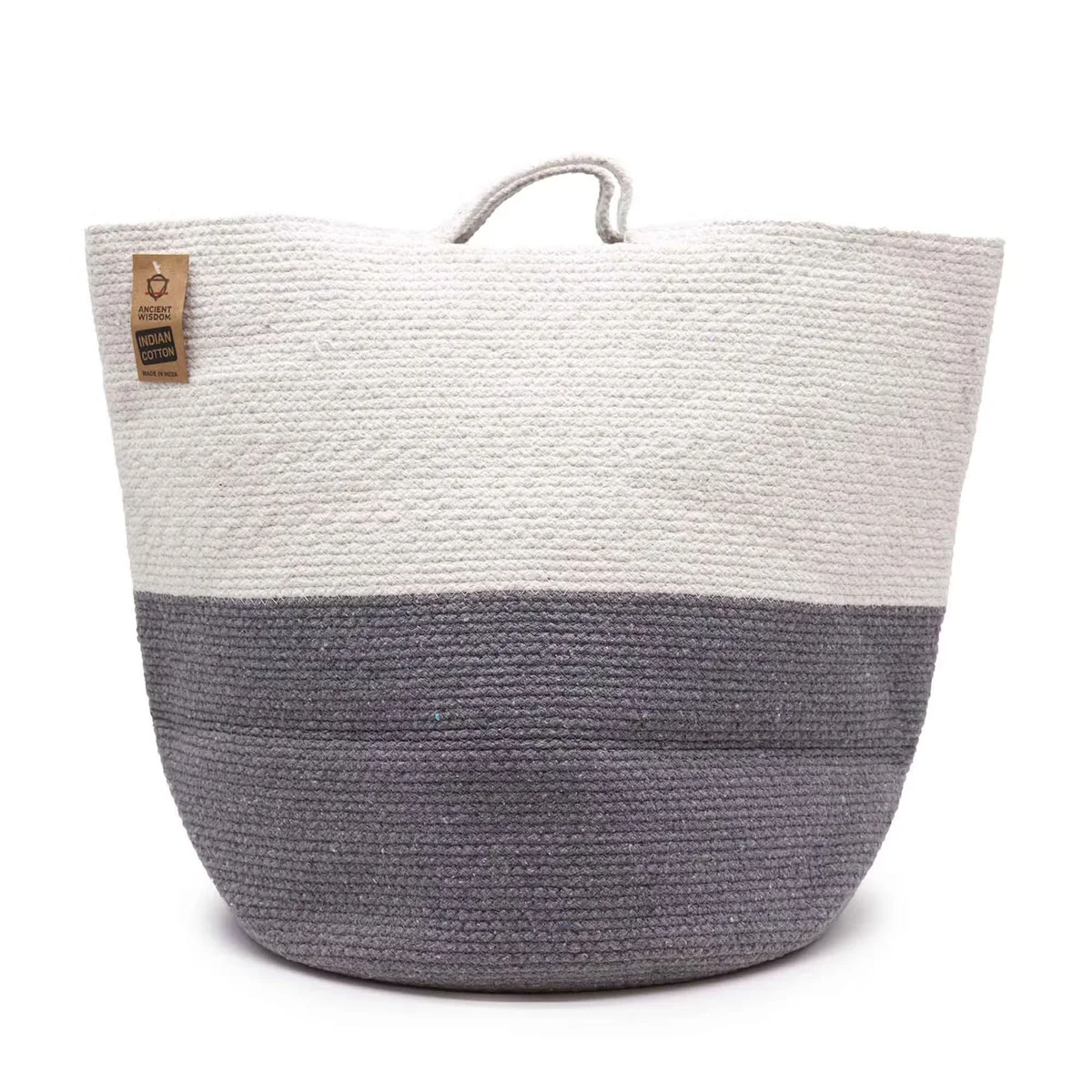 Grey cotton rope basket with sturdy handles, measuring 45x40cm, ideal for laundry or storage use