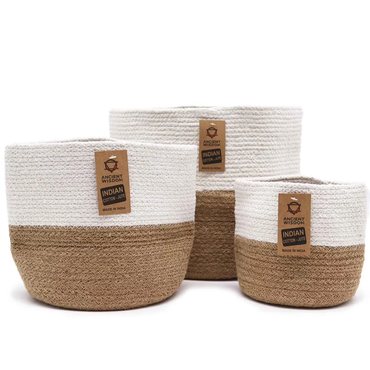 Three white cotton rope baskets stacked with handles visible, ideal for home storage and organization
