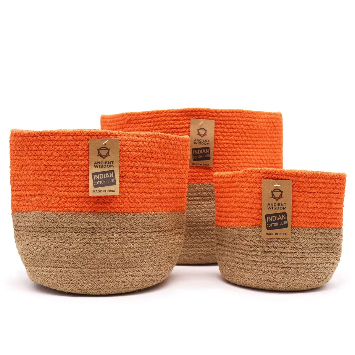 Three orange cotton rope baskets stacked, showcasing their woven texture and sturdy handles for storage use