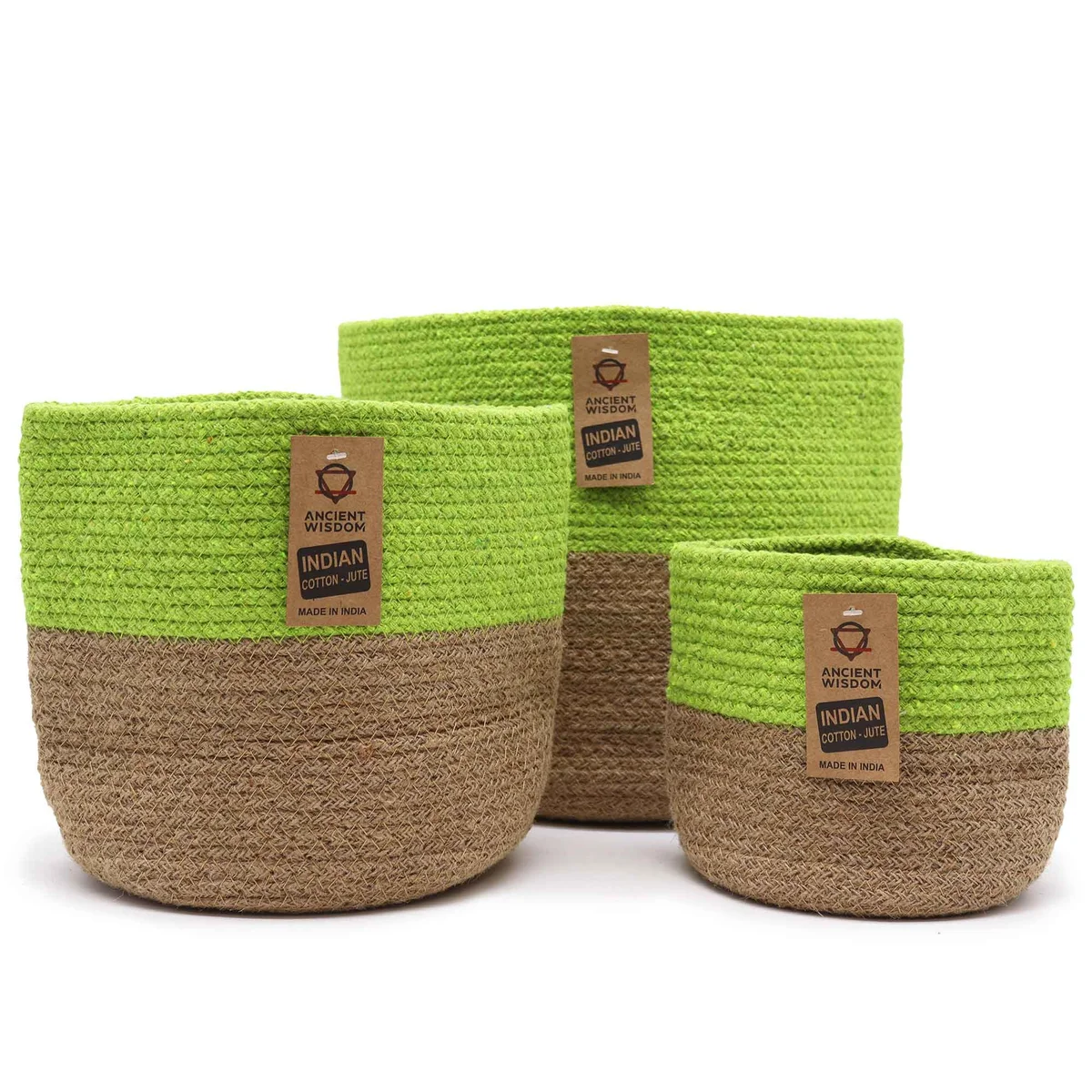 Set of 3 pistachio green cotton rope storage baskets stacked together on a white background