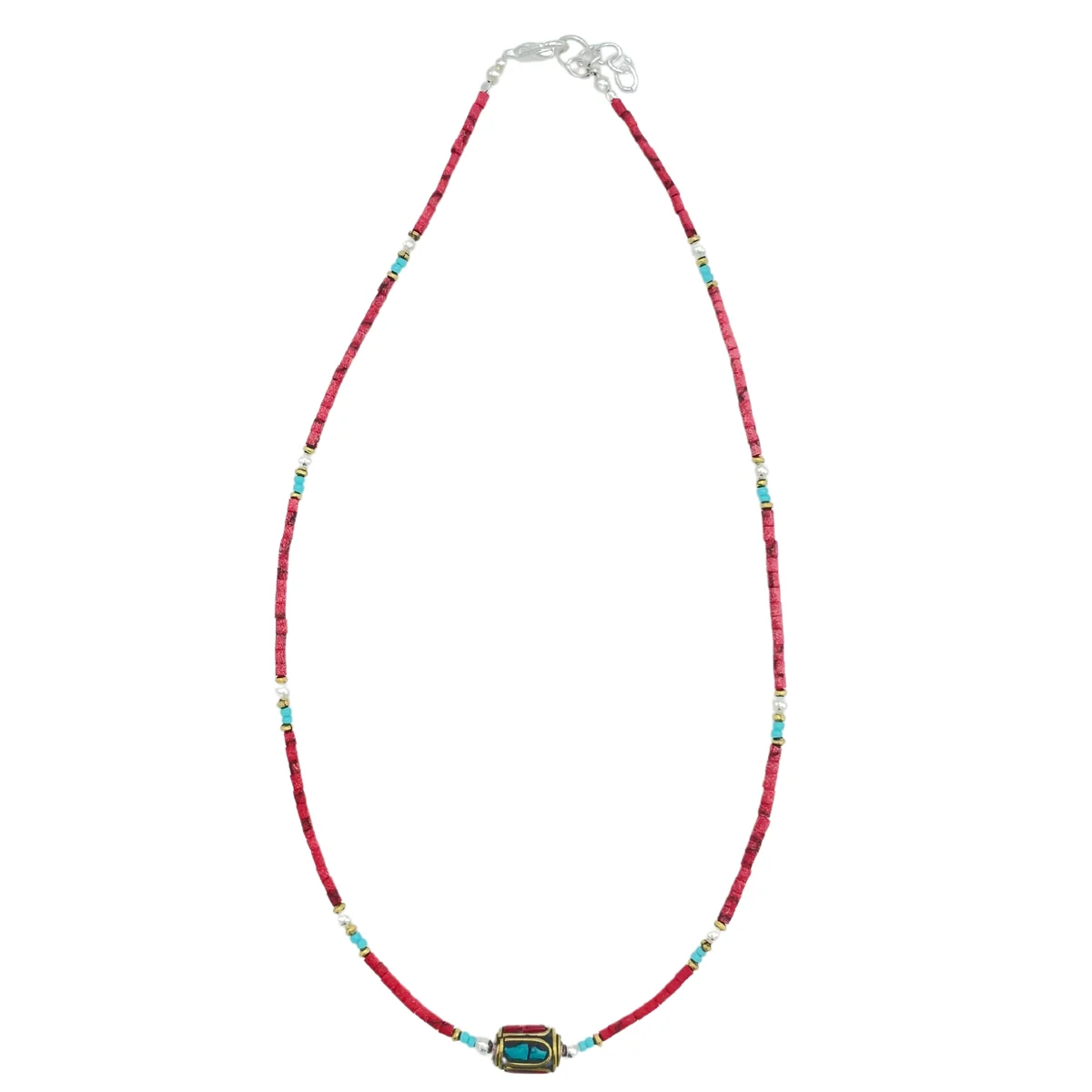Close-up of Nepalese coral bead necklace showcasing tribal style jewellery with fine gem detailing