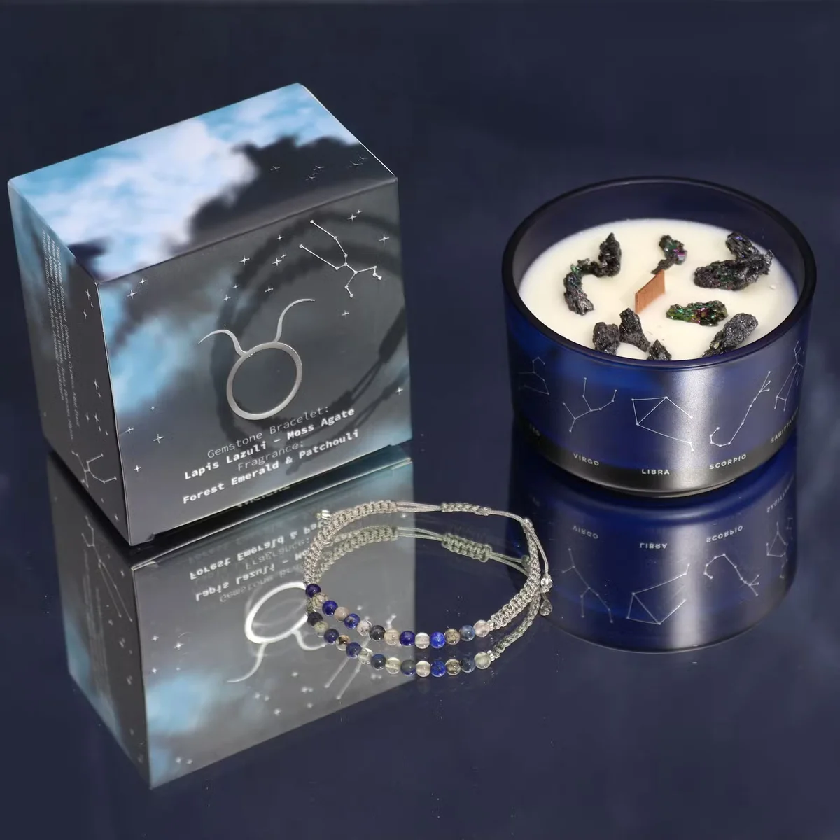 Taurus astrology candle set featuring a crystal candle and a matching gemstone bracelet on a white background