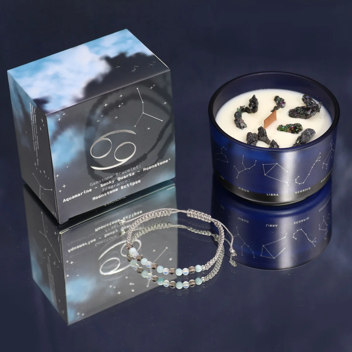 Zodiac Cancer crystal candle with matching gemstone bracelet astrology candle gift on white background