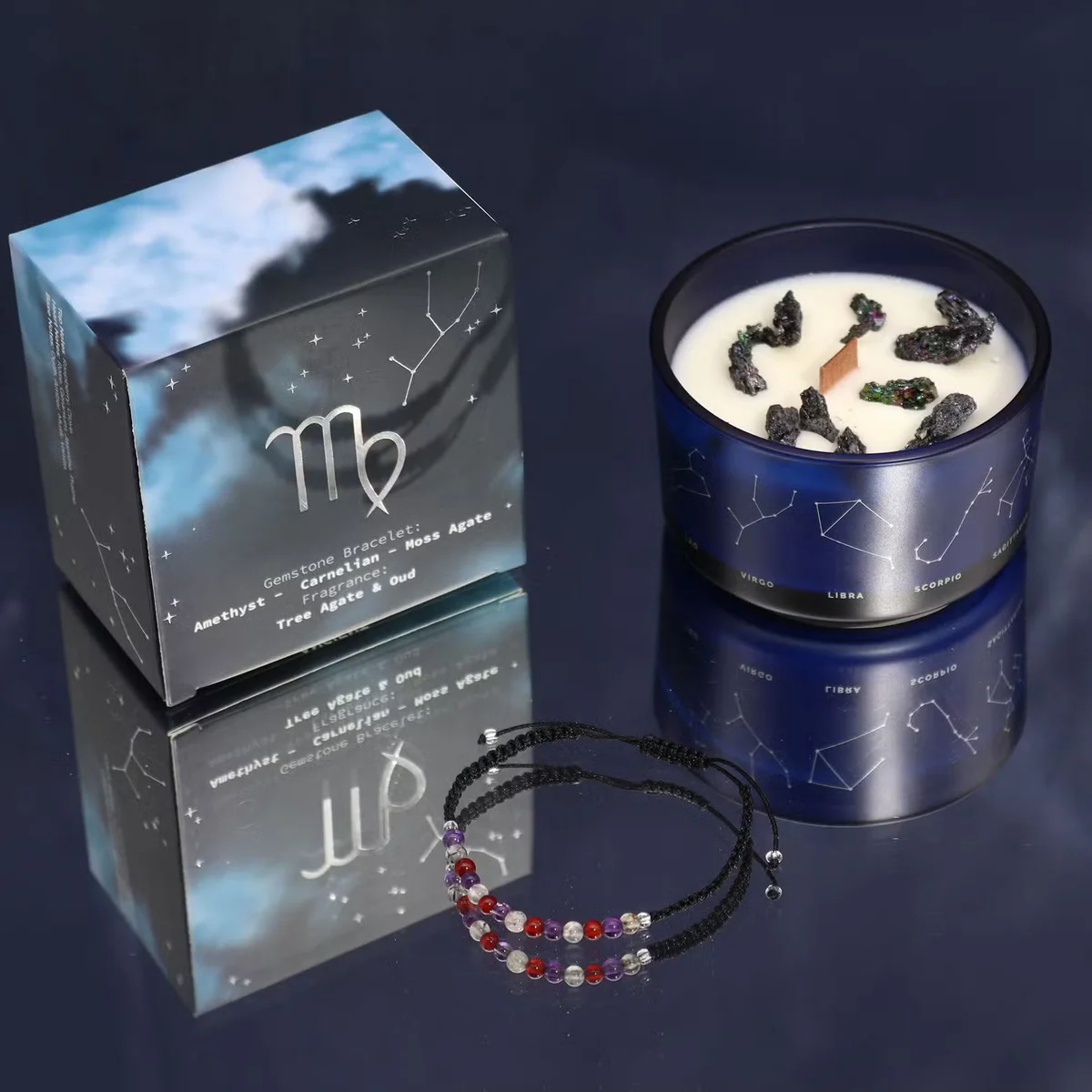 Virgo Zodiac candle set featuring a crystal candle and matching gemstone bracelet on white background