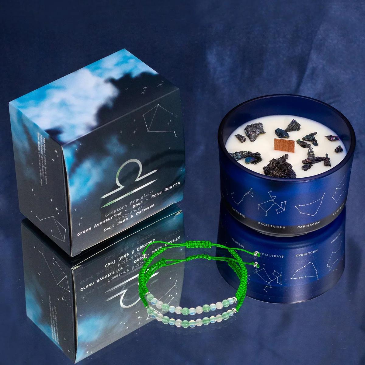 Libra zodiac crystal candle with gemstone bracelet beside it, ideal crystal candle gift for astrology lovers