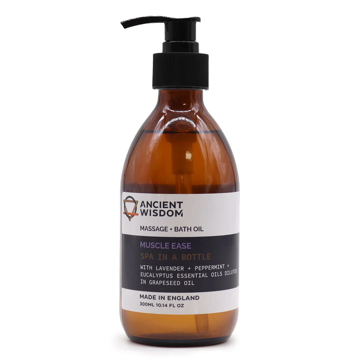 Bottle of Aromatherapy Muscle Ease massage and bath oil 300ml with label and cap on white background