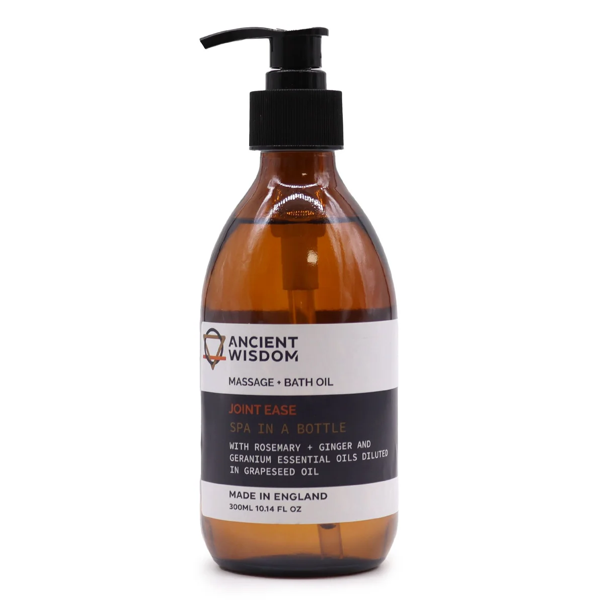300ml bottle of Joint Ease aromatherapy massage oil for bath and massage use on a white background
