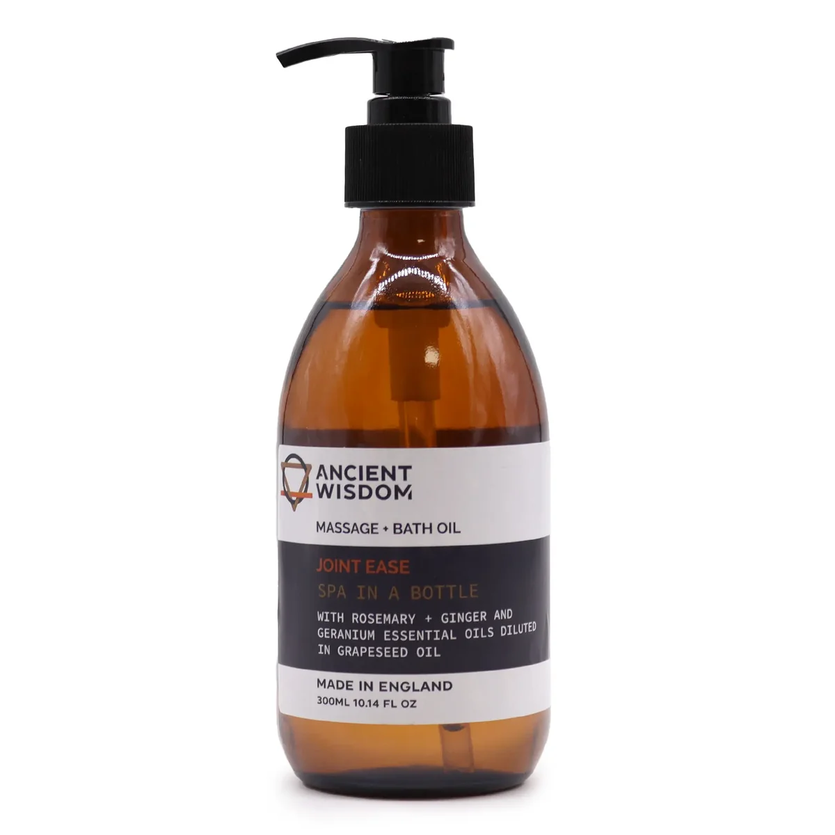 Bottle of Aromatherapy Massage and Bath Oil Joint Ease 300ml with natural background elements
